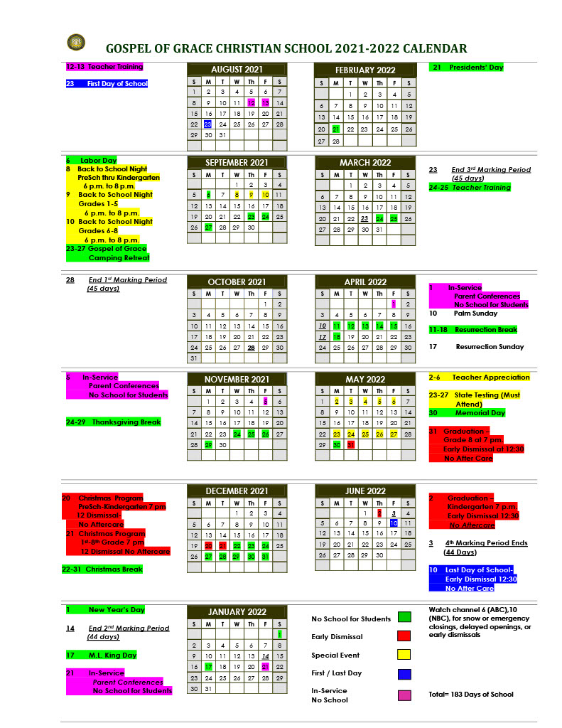 Calendar - Gospel of Grace Christian School