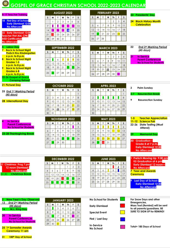 Calendar - Gospel of Grace Christian School