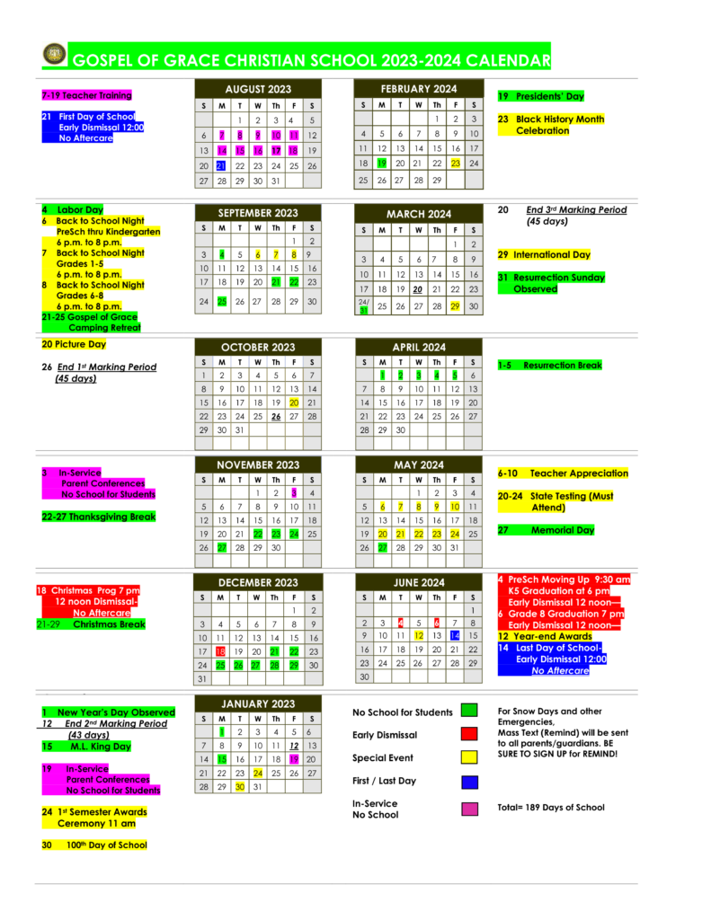 Calendar Gospel of Grace Christian School